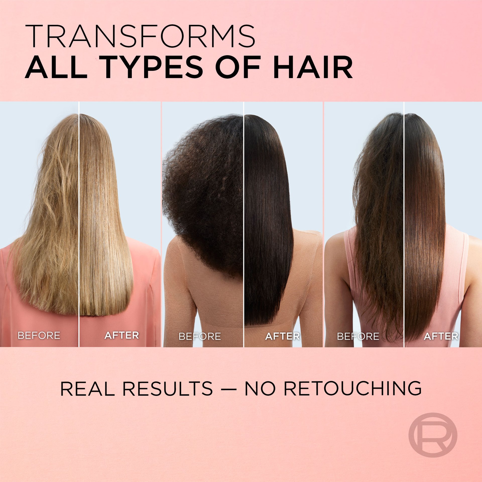 3 women from behind with frizzy hair before and straight hair after